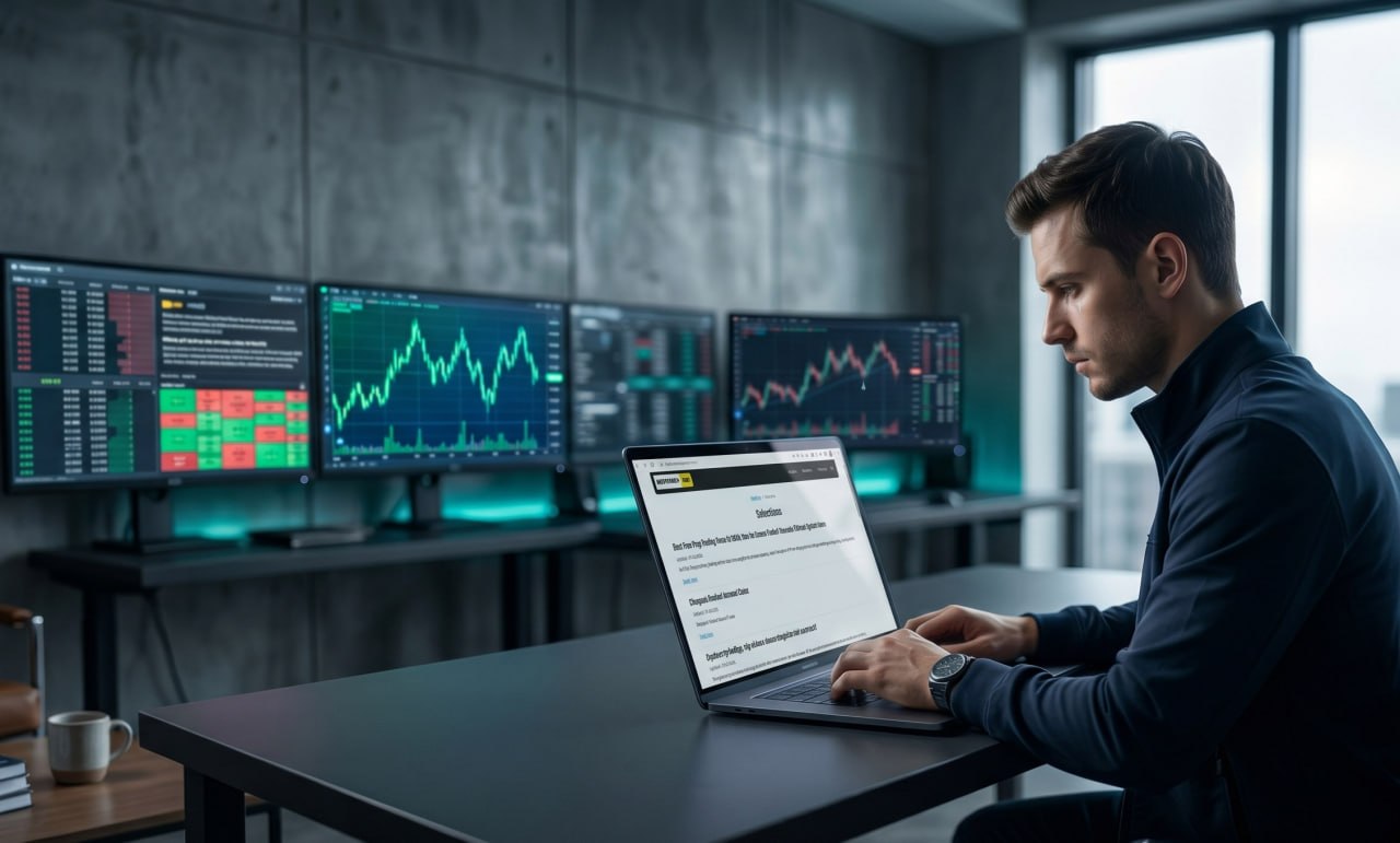 A person studying trading rules on a laptop with the BestPropTop.com platform open